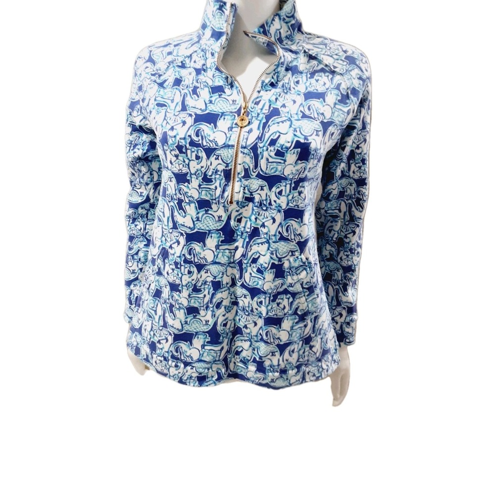 LILLY PULITZER Top Blue Multicolor TRUNKY Elephants Sz SMALL Long Sleeve Stretch